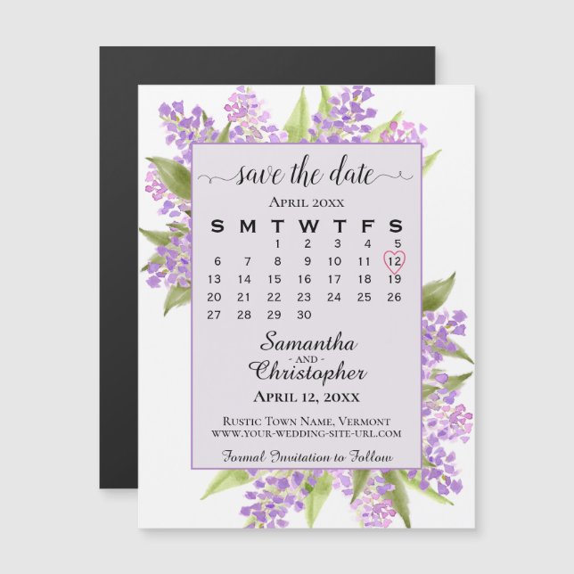 Invitación Magnética Lilacs & Calendar Lavender Wedding Save the Date (Anverso/Reverso)