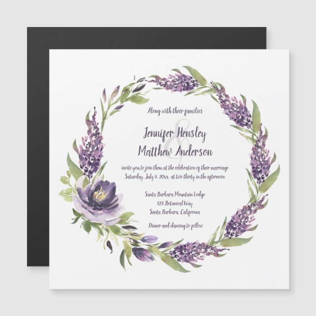 Invitación Magnética Lilacs púrpura y Boda de guirnaldas florales de Pe (Anverso/Reverso)
