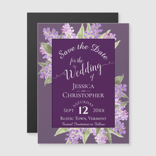 Invitación Magnética Lilacs y caligrafía Matrimonio púrpura Salvar la f (Anverso/Reverso)