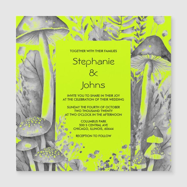 Invitación Magnética Lime Green Gray Black Woodland Mushroom Boda (Anverso)