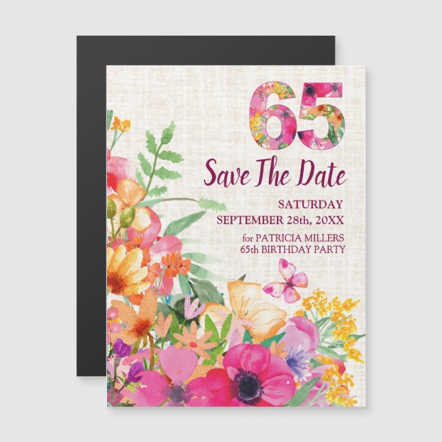 Invitación Magnética Linen Floral 65th Birthday Save the Date (Anverso/Reverso)