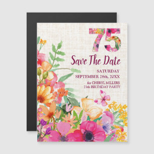Invitación Magnética Linen Floral 75th Birthday Save the Date