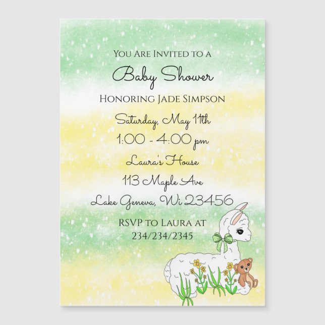 Invitación Magnética Llama con Baby Shower neutral de género osito de p (Anverso)