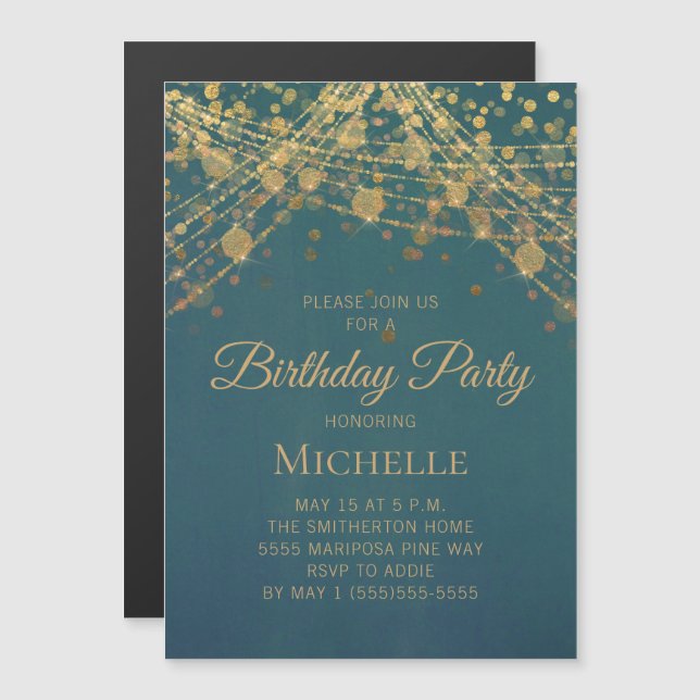 Invitación Magnética Luces de Cadena Doradas Turquesa Cumpleaños Mujer  (Anverso/Reverso)