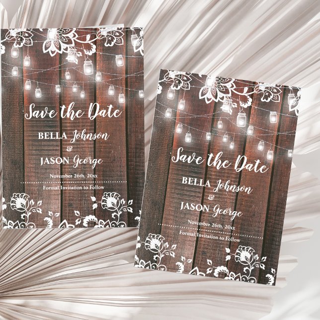 Invitación Magnética Luces de Cuerda de Encaje Rústico para Boda Save t (Rustic Wood String Lights Save the Date Magnet | Barn Wedding Lace Wood Thin Magnetic Card)