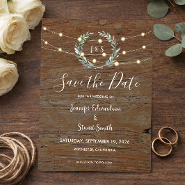 Invitación Magnética Luces de cuerda de madera rústica Save the Date
