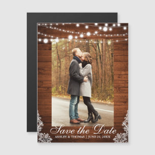 Invitación Magnética Luces rusticas de encaje de madera salvan el compr