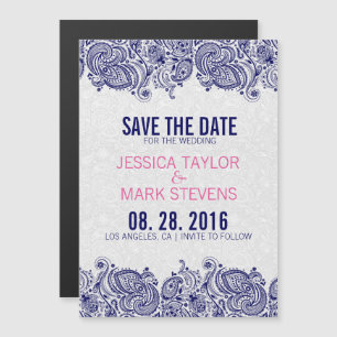 Invitación Magnética Luces Y Damascos De Paisley Azul Y Blanco