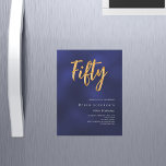 Invitación Magnética Lujo de 50 años de oro azul marino moderno<br><div class="desc">Una invitación moderna y elegante para una fiesta de cumpleaños número 50 tanto para él como para ella. El color azul es desigual. Fondo azul marino y la palabra Cincuenta escrita con grandes letras falsas de oro. Personalice y agregue un nombre y detalles del fiesta. Texto blanco.</div>