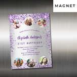 Invitación Magnética Lujo de amigos de fotos púrpura de plata de cumple<br><div class="desc">Invitación magnética de una fiesta de cumpleaños de niñas y mujeres de 21 años (o de cualquier edad). Delante: Un fondo de moda y de aspecto falso plateado. Decorada con purpurina falso morado oscuro, chispas. Personalice y agregue un nombre, detalles del fiesta y 6 fotos. El nombre está escrito con...</div>