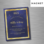 Invitación Magnética Lujo de cumpleaños de oro azul año de nacimiento<br><div class="desc">Un fondo azul oscuro,  azul marino. El color azul es desigual. Con un marco de oro falso y un confetti dorado rociado,  letras de colores dorados. Personalice y agregue el año de nacimiento,  nombre,  detalles del fiesta.</div>