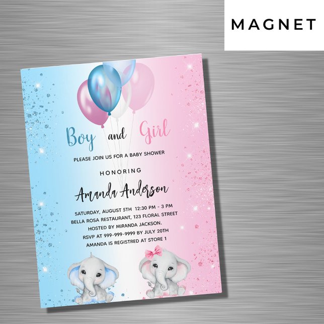 Invitación Magnética Lujo de elefantes chicas de niños rosa azul Baby S (Subido por el creador)
