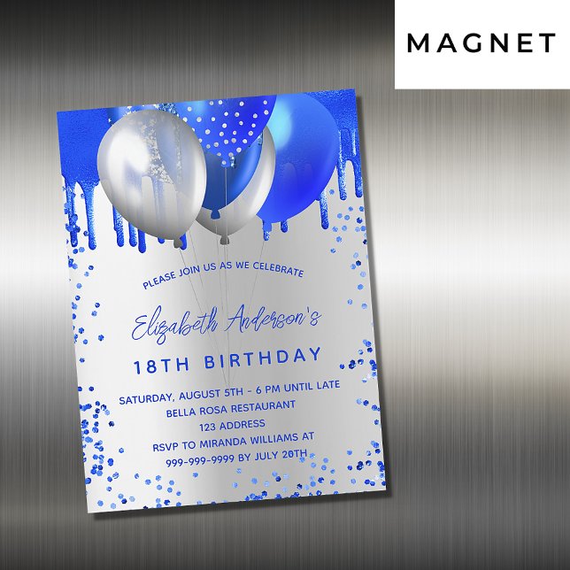 Invitación Magnética Lujo de los globos de plata azul real de cumpleaño (Subido por el creador)