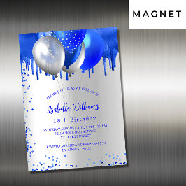 Invitación Magnética Lujo de los globos de plata azul real de cumpleaño