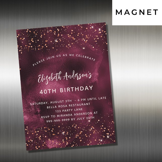 Invitación Magnética Lujo de oro rosa burgundy de cumpleaños (Subido por el creador)