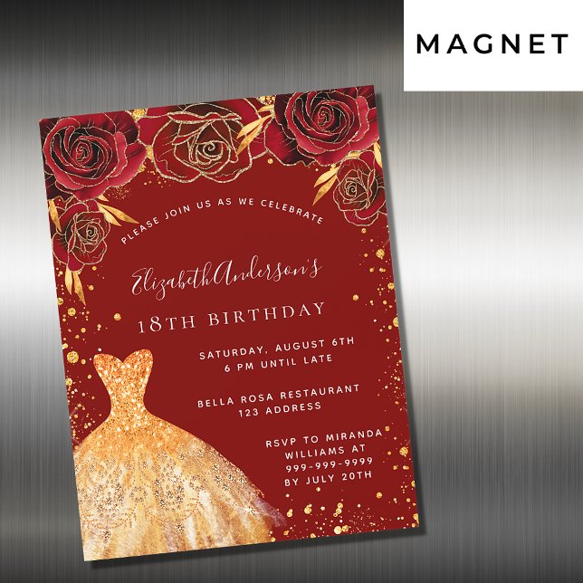 Invitación Magnética Lujo de purpurina de oro rojo de cumpleaños (Subido por el creador)