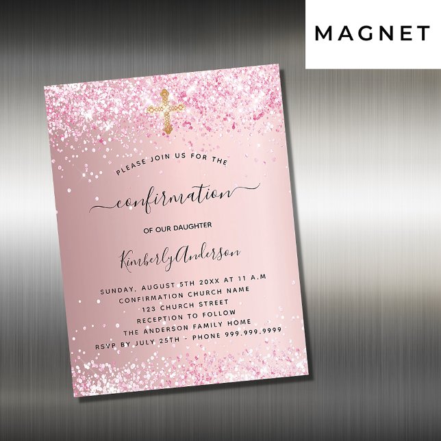 Invitación Magnética Lujo del chica del purpurina rosa de la confirmaci (Subido por el creador)