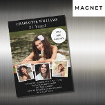 Invitación Magnética Lujo del collage de fotos en blanco negro de cumpl<br><div class="desc">Crea tu propio collage de fotos único. Usa cuatro,  cuatro de tus fotos favoritas. Personalice y agregue un nombre y detalles del fiesta. Fondo negro,  texto blanco.</div>