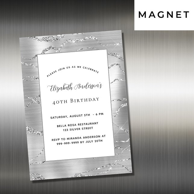 Invitación Magnética Lujo elegante plateado de cumpleaños (Subido por el creador)