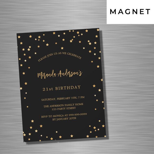 Invitación Magnética Lujo fiesta de estrellas de oro negro de cumpleaño (Subido por el creador)