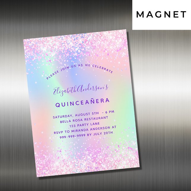 Invitación Magnética Lujo holográfico rosa Quinceanera (Subido por el creador)