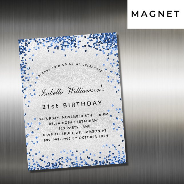 Invitación Magnética Lujo purpurina azul marino de plata de cumpleaños (Subido por el creador)
