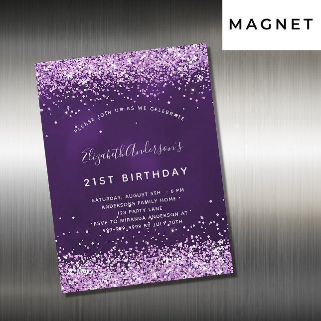 Invitación Magnética Lujo purpurina púrpura de cumpleaños (Subido por el creador)