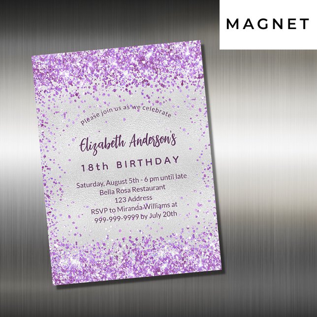 Invitación Magnética Lujo purpurina violeta morado de plata de cumpleañ (Subido por el creador)