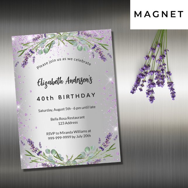 Invitación Magnética Lujoso eucalipto de plata de lavanda de cumpleaños (Subido por el creador)