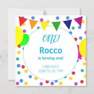 Invitación Magnética Lunares Coloridos y Globos Cumpleaños 1er Años Niñ