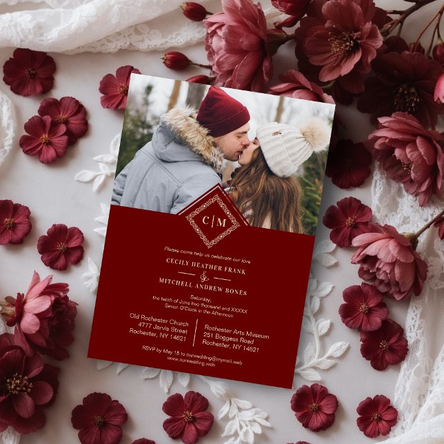 Invitación Magnética Luxury Red Wedding Initials Ornamental Flourish (Luxury Wedding Initials Ornamental Flourish Diamond Shape Invitation with Envelope. )