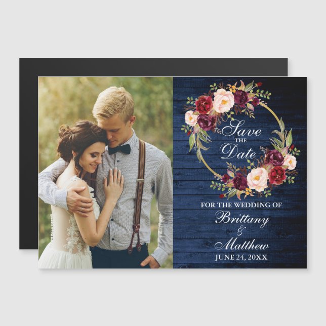 Invitación Magnética Madera Azul Floral Borgoña Salva La Fecha (Anverso/Reverso)