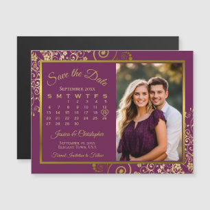 Invitación Magnética Magenta Plum Gold Calendar Photo Save Date Magnet