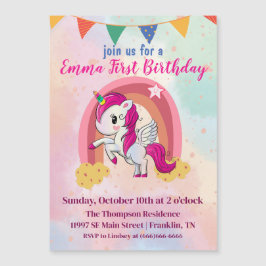 Invitación Magnética Magical Unicornios color de agua rosa primer cumpl