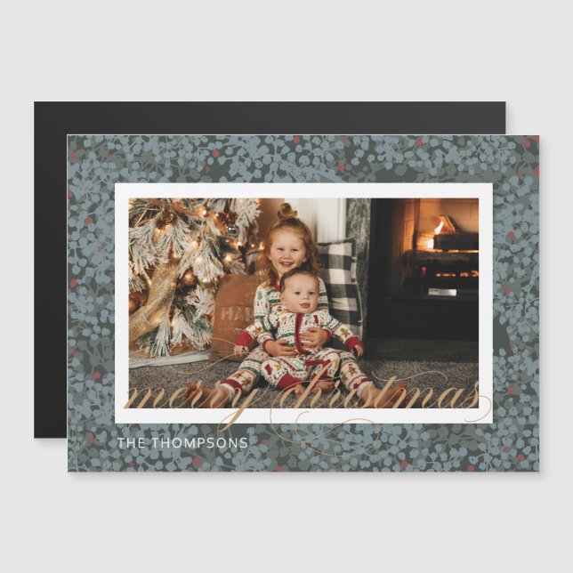 Invitación Magnética Magnetic Merry Christmas Script Berries Photo Card (Anverso/Reverso)