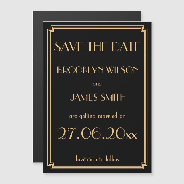 Invitación Magnética Magnético Art Deco Boda Negra Salva La Fecha (Anverso/Reverso)