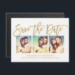 Invitación Magnética Mano De moda Leída Guardar El Collage de fotos De<br><div class="desc">Esta elegante y moderna foto de 3 fotos ahorra la fecha imán cuenta con una hermosa letra de guión de broche en oro. Visite la tienda para ver el resto de la colección de la suite Moda Typography Gold.</div>