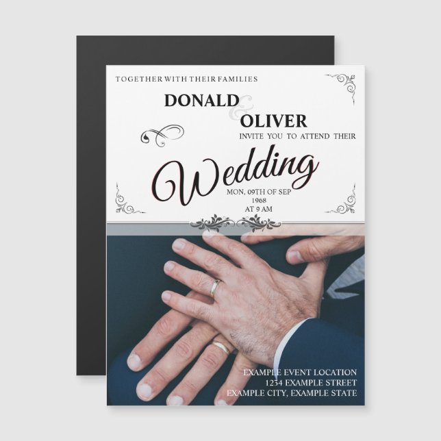 Invitación Magnética Manos de una pareja Boda gay con anillos (Anverso/Reverso)