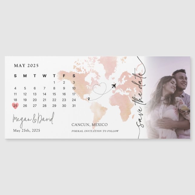 Invitación Magnética Mapa de destino Calendario Corazón foto Guardar la (Anverso)