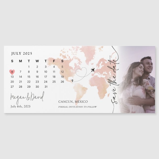 Invitación Magnética Mapa de destino Calendario Corazón foto Guardar la (Anverso)