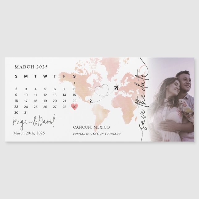 Invitación Magnética Mapa de destino Calendario Corazón foto Guardar la (Anverso)