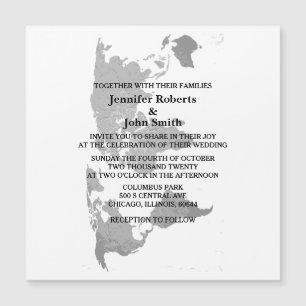 Invitación Magnética Mapa Mundial Gris Blanco Sencillo Moderno Boda 202