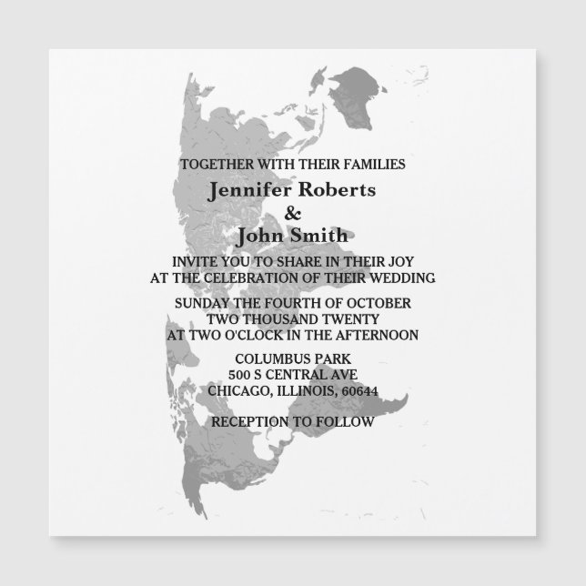 Invitación Magnética Mapa Mundial Gris Blanco Sencillo Moderno Boda 202 (Anverso)