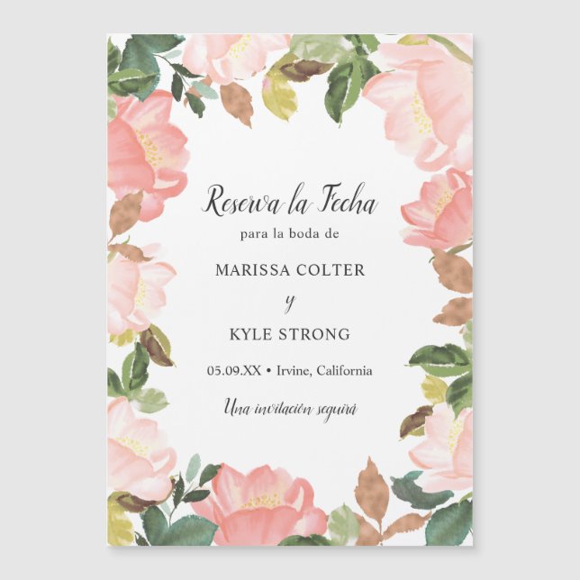 Invitación Magnética Marco floral rosa Boda española Guardar la fecha (Anverso)