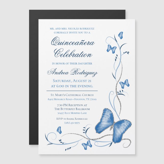 Invitación Magnética Mariposa Azul y Swirls Quinceañera (Anverso/Reverso)