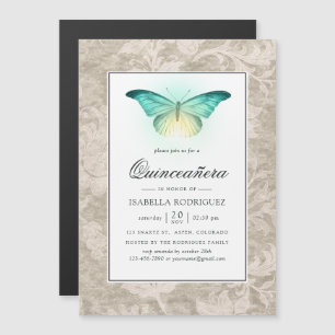 Invitación Magnética Mariposa brillante y Damasco de época Quinceañera