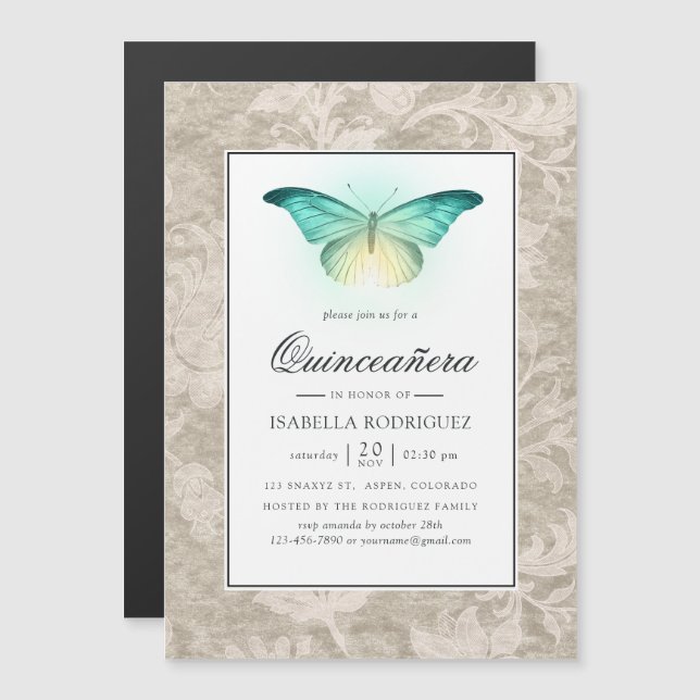 Invitación Magnética Mariposa brillante y Damasco de época Quinceañera (Anverso/Reverso)