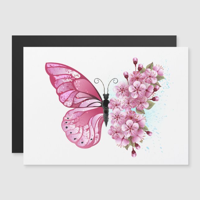 Invitación Magnética Mariposa de flores con Sakura rosa (Anverso/Reverso)
