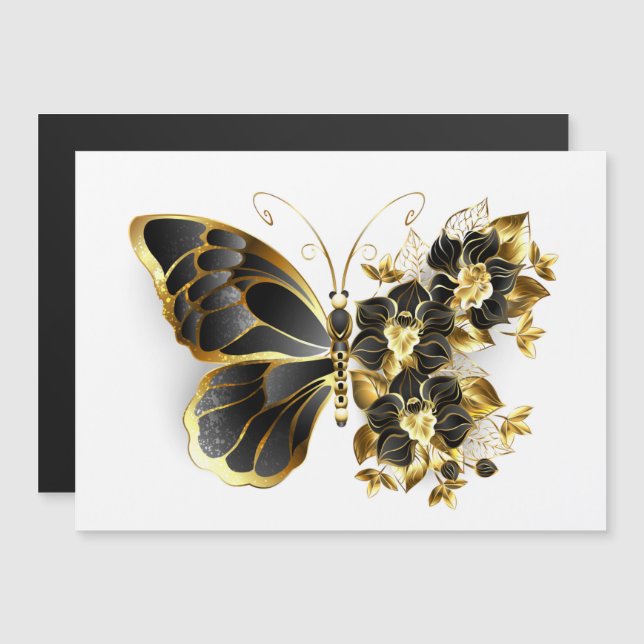 Invitación Magnética Mariposa de flores de oro con orquídea negra (Anverso/Reverso)