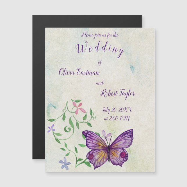 Invitación Magnética Mariposa morada acuarela personalizada (Anverso/Reverso)